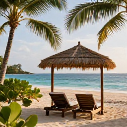 Caribbean Holidays, Haiti Wellness, A peaceful Haitian beach with a shaded lounger, tropical greenery, soft sunlight and calm blue sea