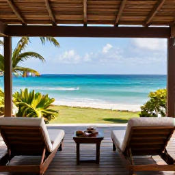 Caribbean Holidays, Haiti Wellness, A quiet Haitian coastal retreat with a shaded terrace, comfortable loungers, tropical plants and views across the Caribbean Sea