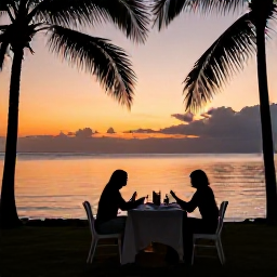Caribbean Holidays, Haiti Wellness, A relaxed evening on a Haitian coast, with warm sunset light, calm water, palm silhouettes and an intimate outdoor dining setting