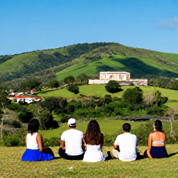 Caribbean Holidays, Haiti Wellness, A scenic Haitian landscape with green hills, a historic site and a small group of relaxed travellers exploring in February sunshine