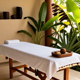 Caribbean Holidays, Haiti Wellness, A tranquil wellness setting in Haiti with a massage table, tropical plants, natural textures and warm daylight