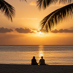 Caribbean Holidays, Haiti Wellness Break, Couple sitting quietly on a Haitian beach at sunset, with warm golden light, calm sea and palm silhouettes