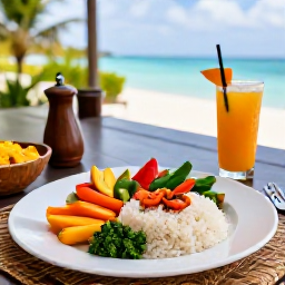 Caribbean Holidays, Haiti Wellness Break, Healthy Haitian meal with fresh tropical fruit, vegetables, rice and seafood served on a relaxed outdoor terrace