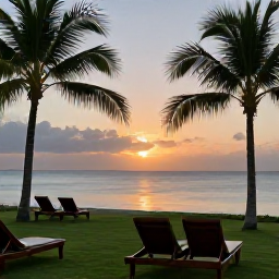 Caribbean Holidays, Haiti Wellness Break, Peaceful Haitian coastal resort at sunset, with comfortable loungers, palm trees and a calm Caribbean sea