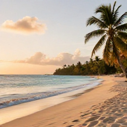 Caribbean Holidays, Haiti Wellness Break, Quiet tropical beach in Haiti at sunrise, with calm turquoise water, soft sand, palm trees and a peaceful wellness holiday atmosphere