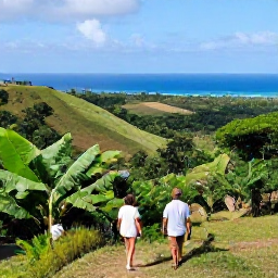 Caribbean Holidays, Haiti Wellness Break, Relaxed couple walking through lush Haitian hills near the coast in April, with tropical vegetation and wide scenic views