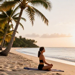 Caribbean Holidays, Haiti Wellness Break, Traveller enjoying a gentle yoga session on a quiet Haitian beach, surrounded by palms and warm morning light