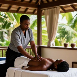 Caribbean Holidays, Haiti Wellness Break, Traveller receiving a gentle massage in an airy Haitian wellness room, with natural materials, soft light and tropical greenery