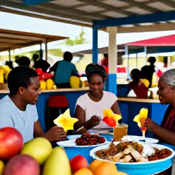 Caribbean Holidays, Haiti Wellness, Colourful Haitian market and local restaurant setting with fresh tropical fruit, seafood and friendly dining atmosphere