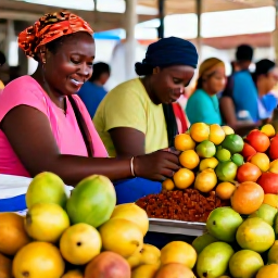 Caribbean Holidays, Haiti Wellness, Colourful Haitian market with fresh tropical fruit, local spices and friendly atmosphere in soft daylight