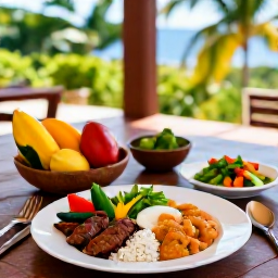 Caribbean Holidays, Haiti Wellness, Fresh healthy Haitian meal with tropical fruit, vegetables and local ingredients served on a shaded terrace overlooking greenery
