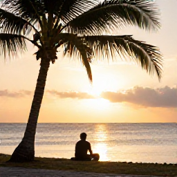 Caribbean Holidays, Haiti Wellness, Golden evening over a Haitian coastline, traveller sitting quietly near the water, palm silhouettes and warm sunset light
