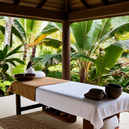 Caribbean Holidays, Haiti Wellness, Haitian wellness retreat with a simple massage area, natural materials, tropical plants and a serene open-air setting