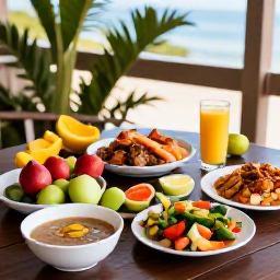 Caribbean Holidays, Haiti Wellness, Healthy Haitian meal with fresh tropical fruit, colourful vegetables, seafood and local ingredients on a shaded terrace