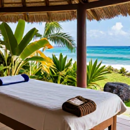 Caribbean Holidays, Haiti Wellness July, Haitian wellness retreat with an open-air massage area, tropical plants, natural textures and views towards the Caribbean Sea