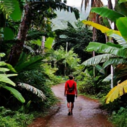 Caribbean Holidays, Haiti Wellness July, Lush Haitian mountain landscape with a traveller walking along a peaceful forest path after light tropical rain