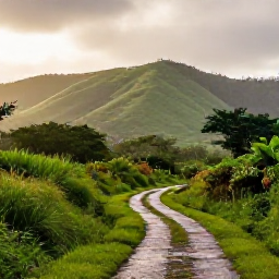 Caribbean Holidays, Haiti Wellness, Lush Haitian countryside after a tropical shower, green hills, peaceful path and soft afternoon light