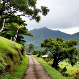 Caribbean Holidays, Haiti Wellness, Lush Haitian hillside landscape with a peaceful walking trail, tropical trees and distant mountain views