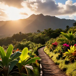 Caribbean Holidays, Haiti Wellness, Lush Haitian mountain landscape with a scenic walking trail, tropical vegetation and warm November sunshine