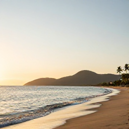 Caribbean Holidays, Haiti Wellness March, Peaceful Haitian coastal landscape at sunset with a quiet beach, distant hills and warm golden light