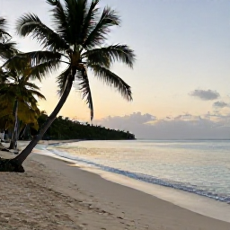 Caribbean Holidays, Haiti Wellness March, Quiet tropical beach in Haiti at sunrise, calm turquoise water, soft sand, palm trees and a peaceful wellness holiday atmosphere