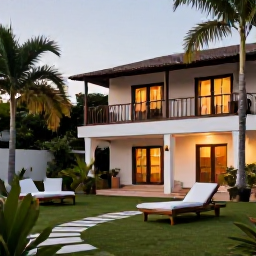 Caribbean Holidays, Haiti Wellness, Peaceful boutique hotel courtyard in Haiti with tropical greenery, comfortable loungers and soft evening light
