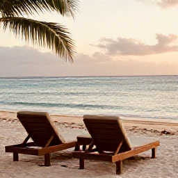 Caribbean Holidays, Haiti Wellness, Peaceful Haitian beach at golden hour with two empty loungers, calm sea and soft tropical light