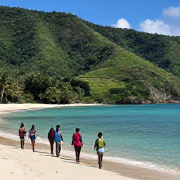 Caribbean Holidays, Haiti Wellness, Peaceful Haitian coastal landscape with lush hills, clear water and a small group taking a gentle guided nature walk