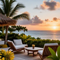 Caribbean Holidays, Haiti Wellness, Peaceful Haitian seaside terrace at sunset with comfortable chairs, tropical plants and a view of the Caribbean Sea