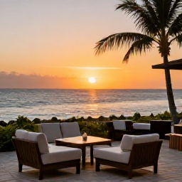 Caribbean Holidays, Haiti Wellness, Peaceful Haitian sunset over the sea, comfortable outdoor seating, warm light and a tranquil holiday mood