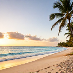 Caribbean Holidays, Haiti Wellness, Quiet tropical beach in Haiti at sunrise, calm turquoise sea, soft sand and palm trees