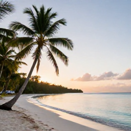 Caribbean Holidays, Haiti Wellness, Quiet tropical beach in Haiti at sunrise, calm turquoise water, palm trees and a peaceful atmosphere