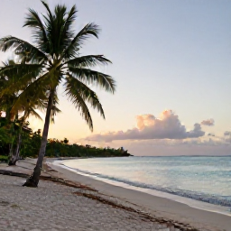 Caribbean Holidays, Haiti Wellness, Quiet tropical beach in Haiti at sunrise, calm turquoise water, palm trees and a relaxed holiday atmosphere