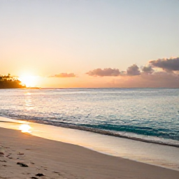 Caribbean Holidays, Haiti Wellness, Quiet tropical beach in Haiti at sunrise, soft golden light, calm turquoise water and a peaceful atmosphere
