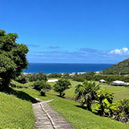 Caribbean Holidays, Haiti Wellness Retreats, A calm Haitian hillside overlooking the coast, with lush green scenery, a walking path and distant blue sea