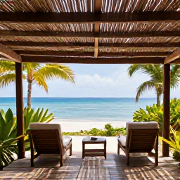 Caribbean Holidays, Haiti Wellness Retreats, A peaceful beachside wellness setting in Haiti with a shaded wooden relaxation area, tropical plants and views of the sea