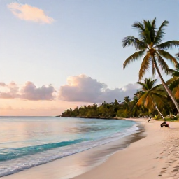 Caribbean Holidays, Haiti Wellness Retreats, A peaceful tropical beach in Haiti at sunrise, with calm turquoise water, soft sand and a few palm trees