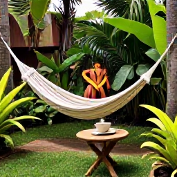 Caribbean Holidays, Haiti Wellness Retreats, A quiet Haitian garden with tropical plants, a shaded hammock and a small table set for herbal tea