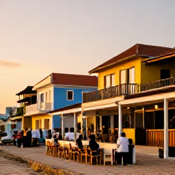 Caribbean Holidays, Haiti Wellness Retreats, A warm evening in a Haitian coastal town, with visitors sitting at a relaxed caf&eacute;, colourful buildings and golden sunset light