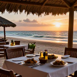 Caribbean Holidays, Haiti Wellness Retreats, A welcoming Haitian beachfront restaurant at sunset, with a relaxed table, local dishes and the sea in the background
