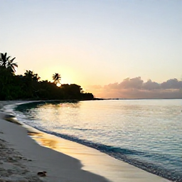 Caribbean Holidays, Haiti Wellness Retreats, Quiet tropical beach in Haiti at sunrise, calm turquoise water, soft golden light and a peaceful wellness holiday atmosphere