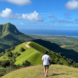 Caribbean Holidays, Haiti Wellness Retreats, Scenic Haitian mountain landscape with lush green hills, a clear view towards the coast and a traveller enjoying a peaceful walk