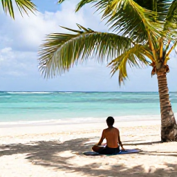 Caribbean Holidays, Haiti Wellness Retreats, Traveller enjoying a calm yoga session beside a palm-fringed Haitian beach, natural light and peaceful tropical surroundings