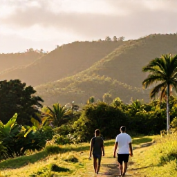 Caribbean Holidays, Haiti Wellness Retreats, Travellers enjoying a peaceful walk through a lush Haitian landscape near Jacmel, with hills, tropical greenery and soft afternoon light