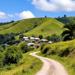 Caribbean Holidays, Haiti Wellness, Scenic Haitian countryside with green hills, a clear walking trail and a small local village in the distance
