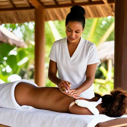 Caribbean Holidays, Haiti Wellness, Traveller receiving a gentle spa treatment in a simple tropical wellness setting in Haiti, natural light and calm surroundings