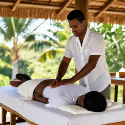 Caribbean Holidays, Haiti Wellness, Traveller receiving a relaxing massage at a small tropical wellness retreat in Haiti, natural materials and soft daylight