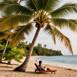 Caribbean Holidays, Haiti Wellness, Traveller relaxing beneath palm trees beside a quiet Haitian beach, tropical greenery, warm daylight and a calm Caribbean setting