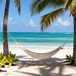 Caribbean Holidays, Haiti Wellness, Traveller relaxing in a shaded beachside setting in Haiti, with a hammock, tropical plants and turquoise water