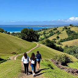 Caribbean Holidays, Haiti Wellness, Travellers taking a gentle scenic walk through Haiti, with green hills, tropical vegetation and distant Caribbean views in clear December weather